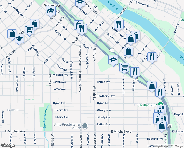 map of restaurants, bars, coffee shops, grocery stores, and more near 736 West 11th Street in Waterloo