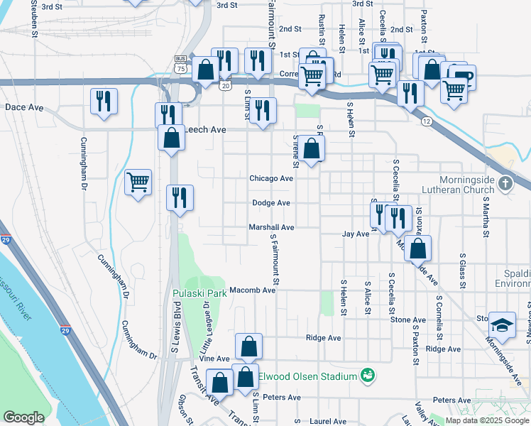 map of restaurants, bars, coffee shops, grocery stores, and more near 2614 Dodge Avenue in Sioux City