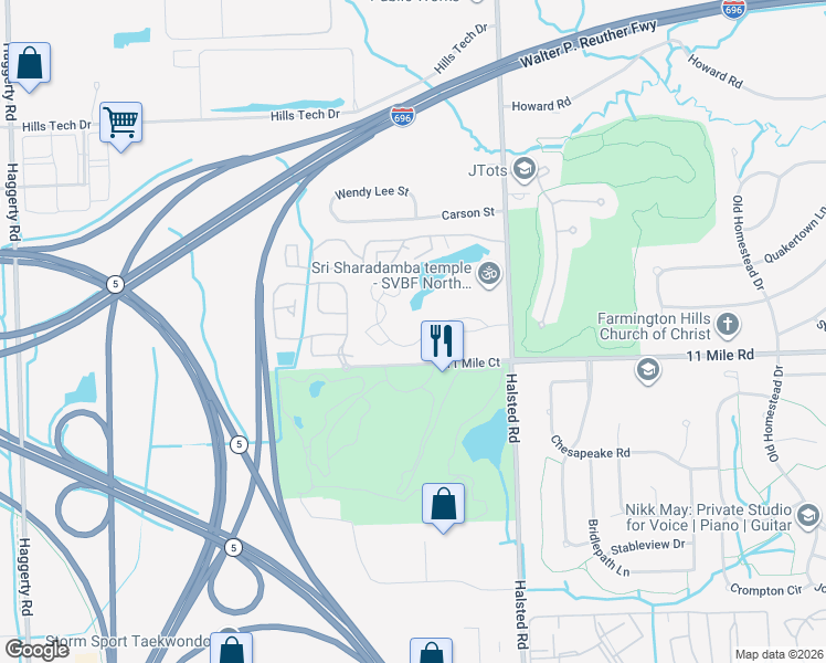 map of restaurants, bars, coffee shops, grocery stores, and more near 37886 Spring Lane in Farmington Hills