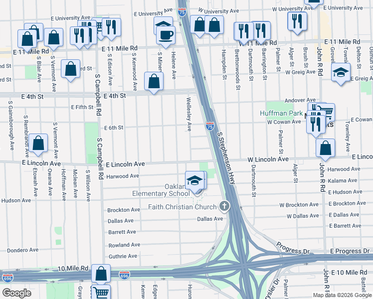 map of restaurants, bars, coffee shops, grocery stores, and more near 712 Wellesley Avenue in Royal Oak