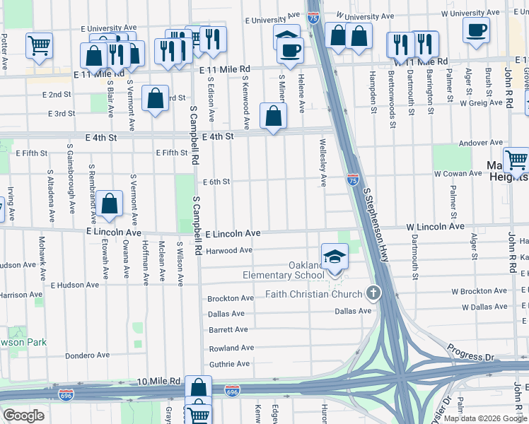 map of restaurants, bars, coffee shops, grocery stores, and more near 708 South Edgeworth Avenue in Royal Oak