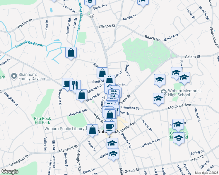 map of restaurants, bars, coffee shops, grocery stores, and more near 533 Main Street in Woburn