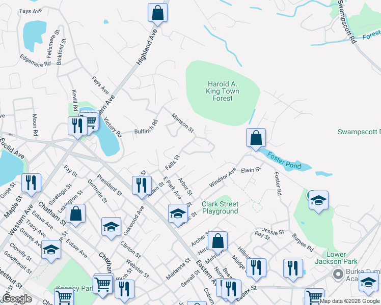 map of restaurants, bars, coffee shops, grocery stores, and more near 15 Spring Road in Lynn