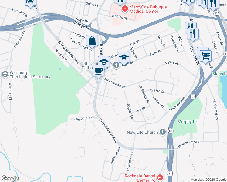 map of restaurants, bars, coffee shops, grocery stores, and more near 721 Loretto Court in Dubuque