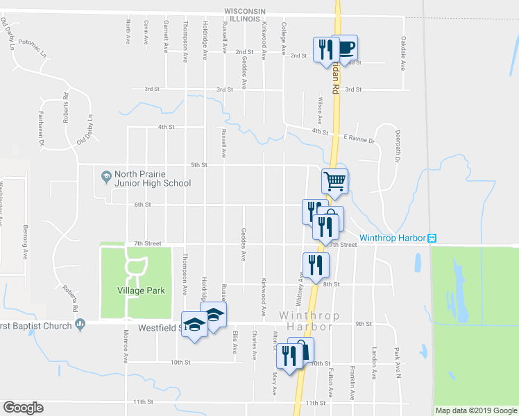 map of restaurants, bars, coffee shops, grocery stores, and more near 600 Kirkwood Avenue in Winthrop Harbor