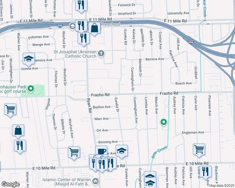 map of restaurants, bars, coffee shops, grocery stores, and more near 26029 Eureka Drive in Warren