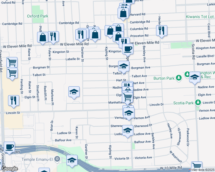 map of restaurants, bars, coffee shops, grocery stores, and more near 14000 Nadine Street in Oak Park