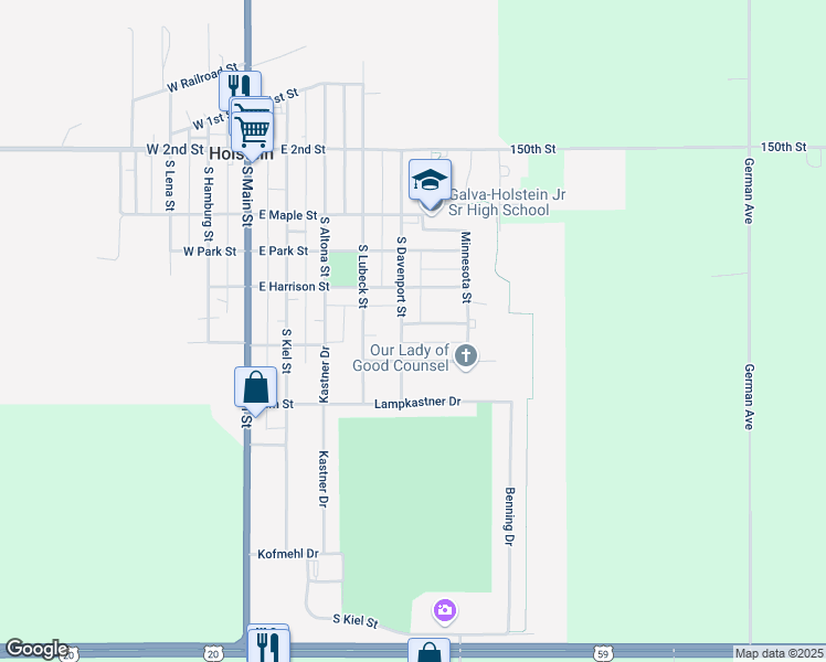 map of restaurants, bars, coffee shops, grocery stores, and more near 508-524 Merkley Street in Holstein