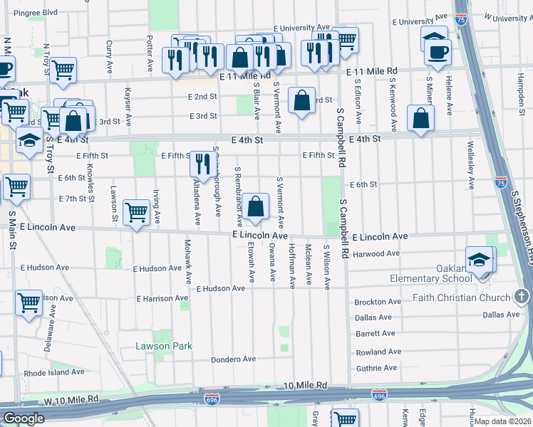 map of restaurants, bars, coffee shops, grocery stores, and more near 638 South Vermont Avenue in Royal Oak