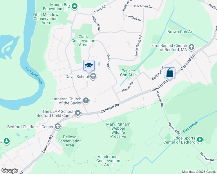 map of restaurants, bars, coffee shops, grocery stores, and more near 33 Glenridge Drive in Bedford