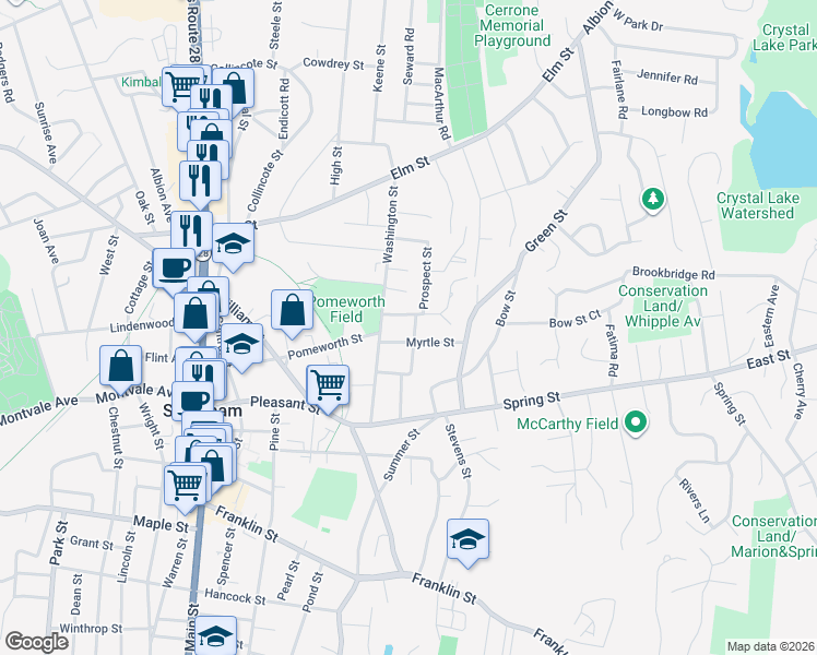 map of restaurants, bars, coffee shops, grocery stores, and more near 2 Washington Avenue in Stoneham