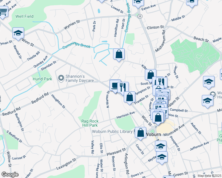 map of restaurants, bars, coffee shops, grocery stores, and more near 129 Winn Street in Woburn