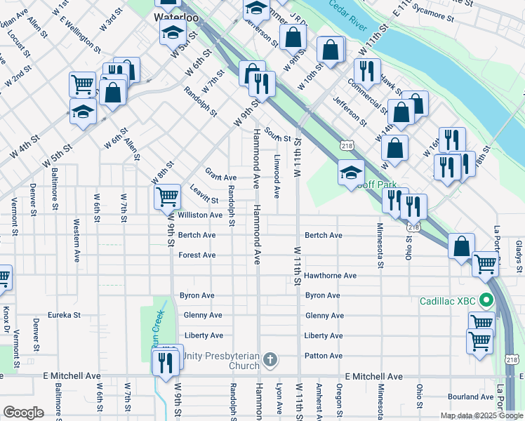 map of restaurants, bars, coffee shops, grocery stores, and more near 230 Linwood Avenue in Waterloo