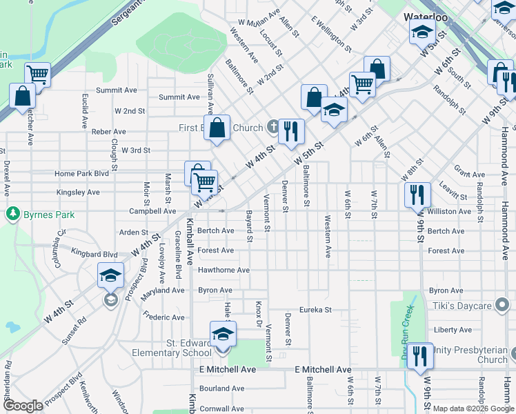 map of restaurants, bars, coffee shops, grocery stores, and more near 1525-1599 W 5th St in Waterloo