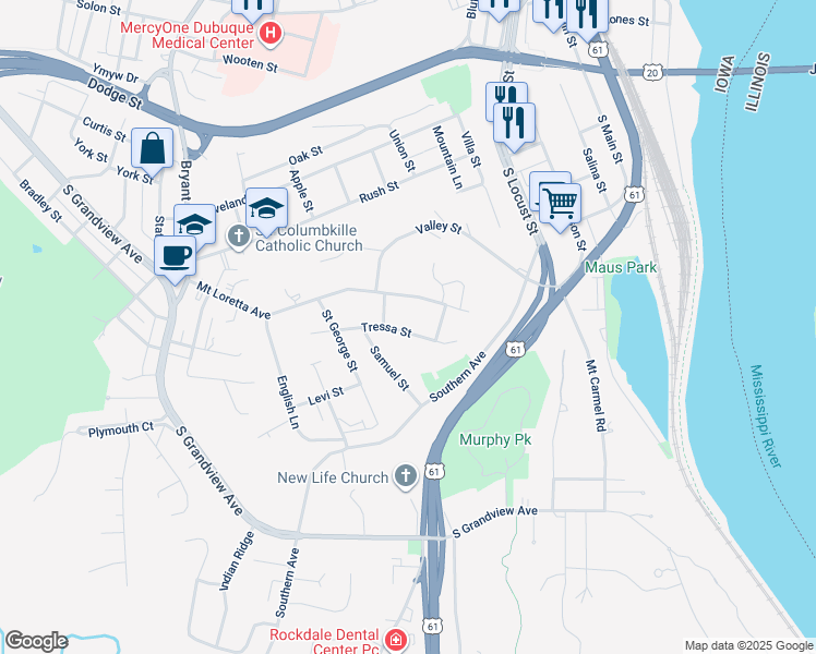 map of restaurants, bars, coffee shops, grocery stores, and more near 915 Tressa Street in Dubuque