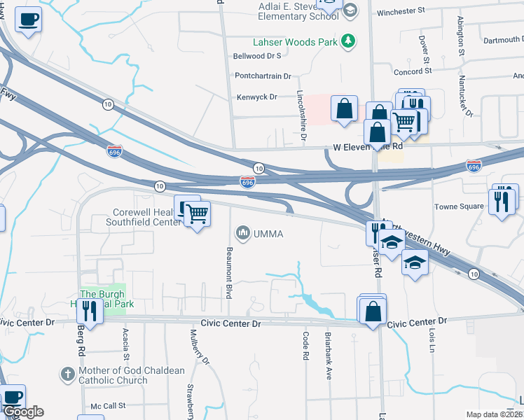 map of restaurants, bars, coffee shops, grocery stores, and more near Northwestern Highway in Southfield