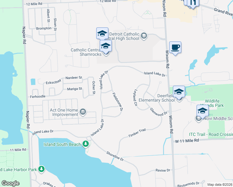 map of restaurants, bars, coffee shops, grocery stores, and more near 26386 Fieldstone Drive in Novi