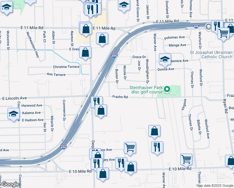 map of restaurants, bars, coffee shops, grocery stores, and more near 26100 Colman Drive in Warren