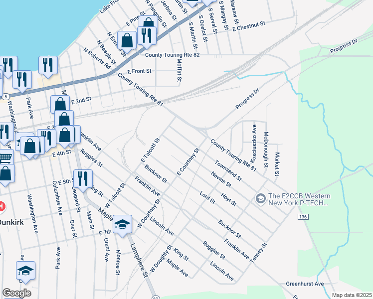 map of restaurants, bars, coffee shops, grocery stores, and more near 54 East Courtney Street in Dunkirk