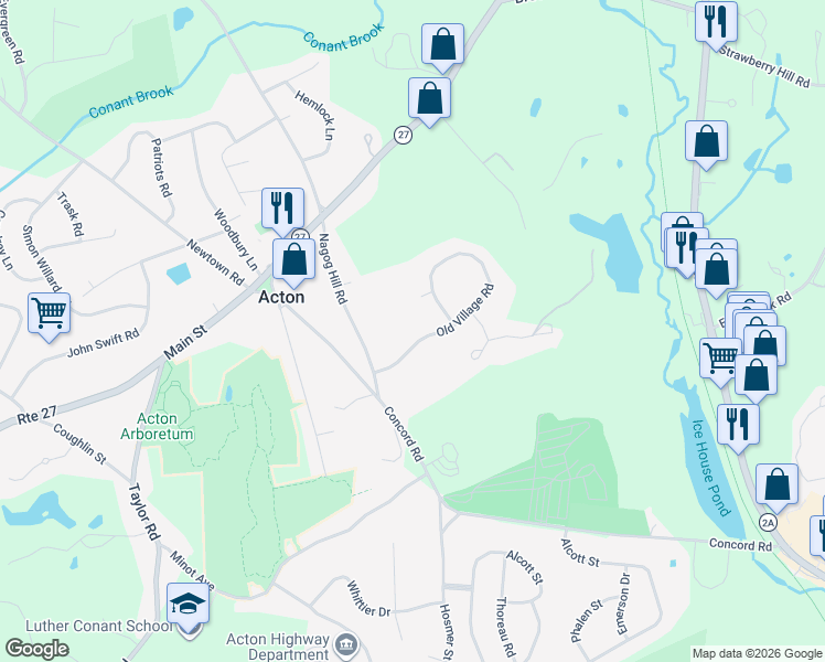 map of restaurants, bars, coffee shops, grocery stores, and more near 41 Old Village Road in Acton