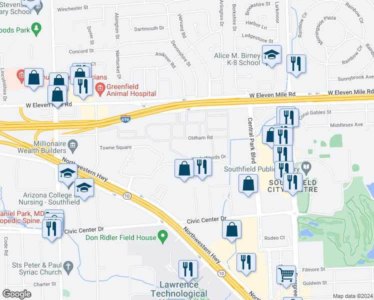 map of restaurants, bars, coffee shops, grocery stores, and more near 20744 Knob Woods Drive in Southfield