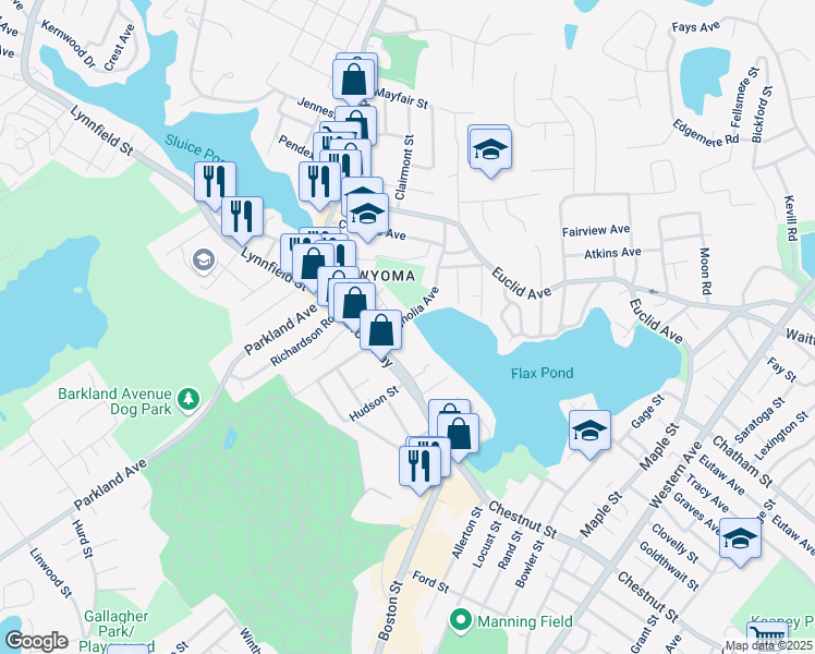 map of restaurants, bars, coffee shops, grocery stores, and more near 5 Meadow Court in Lynn