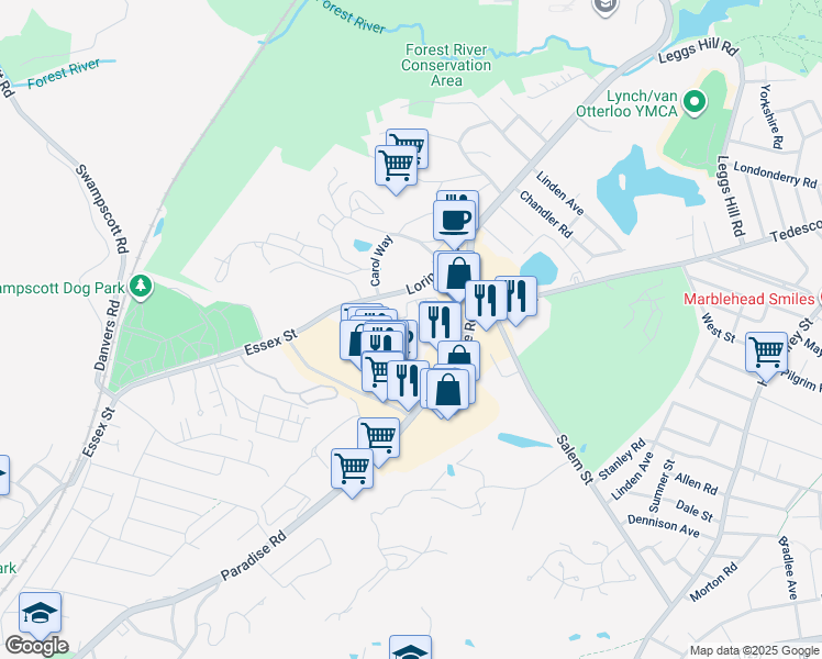 map of restaurants, bars, coffee shops, grocery stores, and more near 1006 Paradise Road in Swampscott