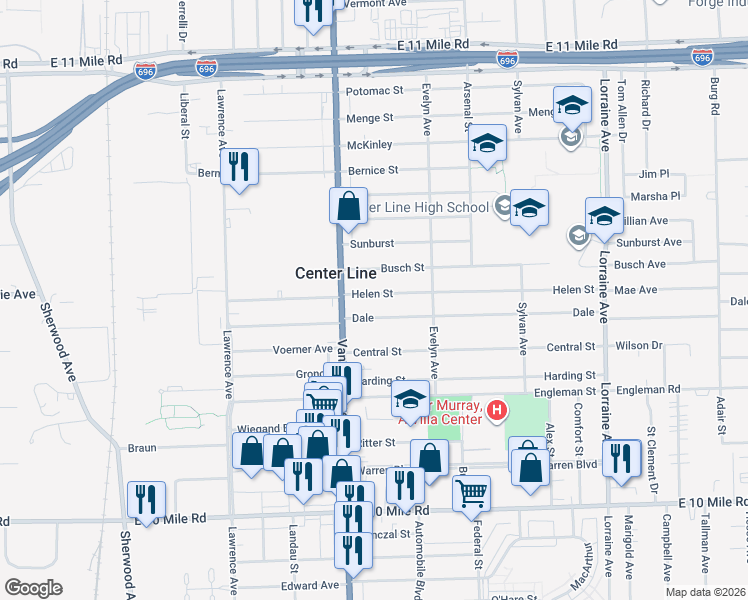map of restaurants, bars, coffee shops, grocery stores, and more near 8057 Helen Street in Center Line