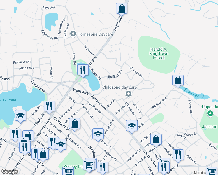 map of restaurants, bars, coffee shops, grocery stores, and more near 26 Waitt Road in Lynn
