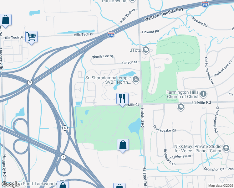 map of restaurants, bars, coffee shops, grocery stores, and more near 37850 Spring Lane in Farmington