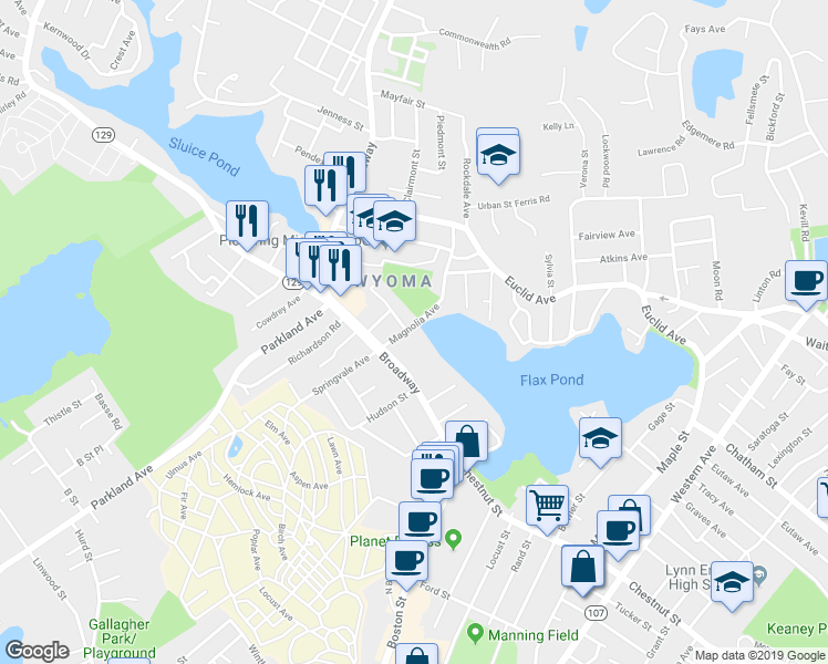 map of restaurants, bars, coffee shops, grocery stores, and more near 5 Meadow Court in Lynn