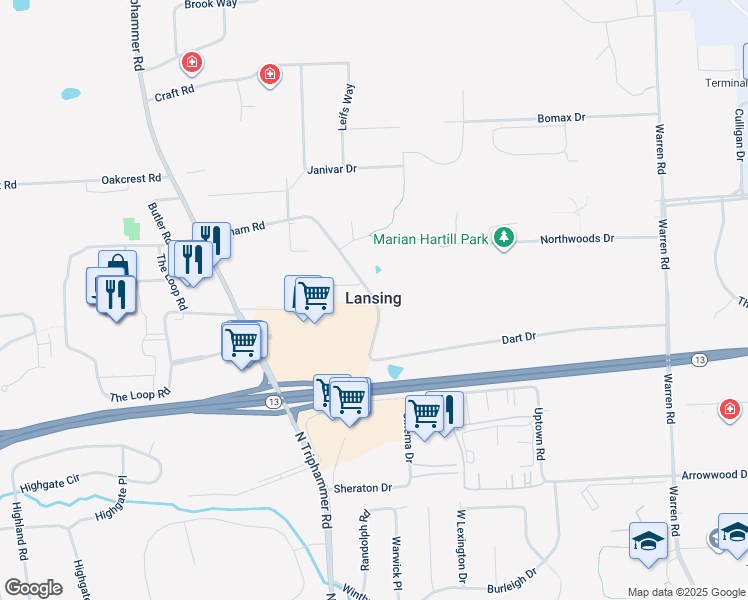 map of restaurants, bars, coffee shops, grocery stores, and more near in Lansing