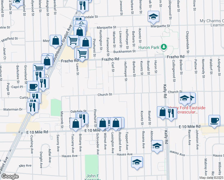 map of restaurants, bars, coffee shops, grocery stores, and more near 25605 Carl Street in Roseville