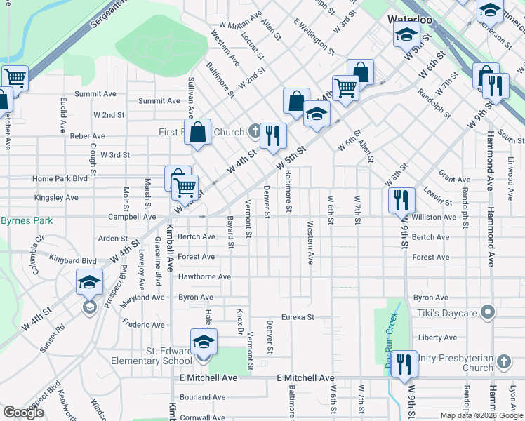 map of restaurants, bars, coffee shops, grocery stores, and more near 615 Vermont Street in Waterloo