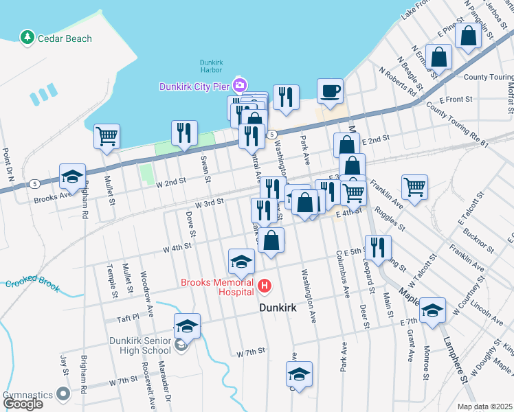 map of restaurants, bars, coffee shops, grocery stores, and more near 319-321 Central Avenue in Dunkirk