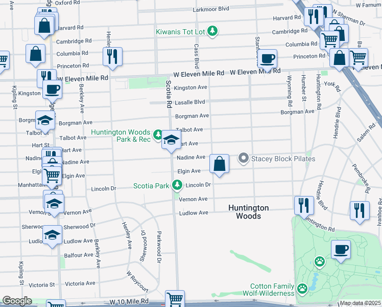map of restaurants, bars, coffee shops, grocery stores, and more near 10803 Hart Avenue in Huntington Woods