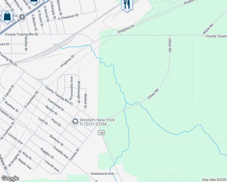 map of restaurants, bars, coffee shops, grocery stores, and more near 11149 Urban Road in Dunkirk