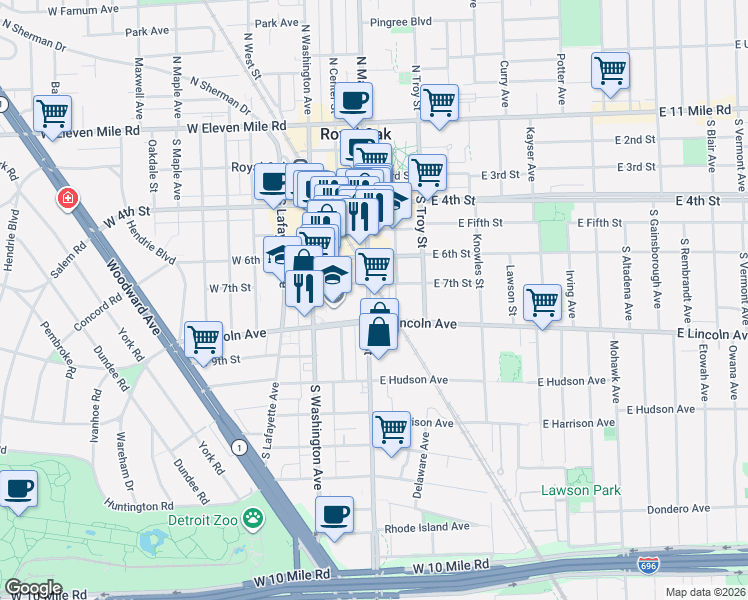 map of restaurants, bars, coffee shops, grocery stores, and more near 711 South Main Street in Royal Oak