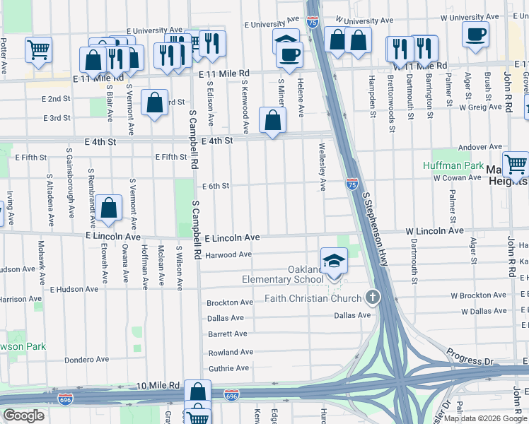 map of restaurants, bars, coffee shops, grocery stores, and more near 633 South Edgeworth Avenue in Royal Oak