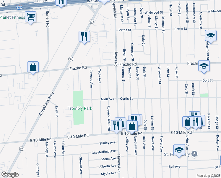 map of restaurants, bars, coffee shops, grocery stores, and more near 25646 Rosenbusch Boulevard in Warren