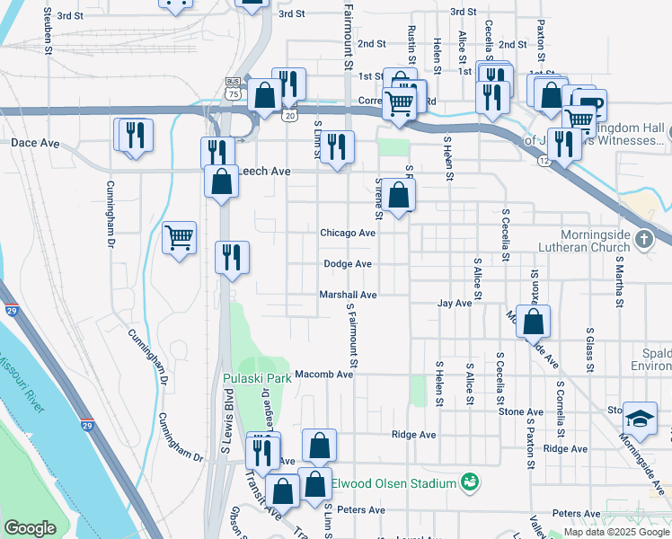 map of restaurants, bars, coffee shops, grocery stores, and more near 2614 Dodge Avenue in Sioux City