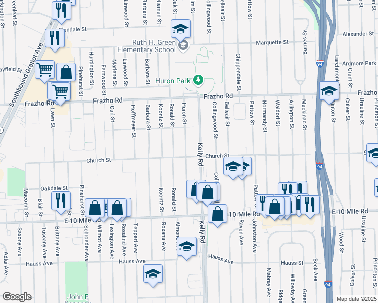map of restaurants, bars, coffee shops, grocery stores, and more near 25520 Huron Street in Roseville