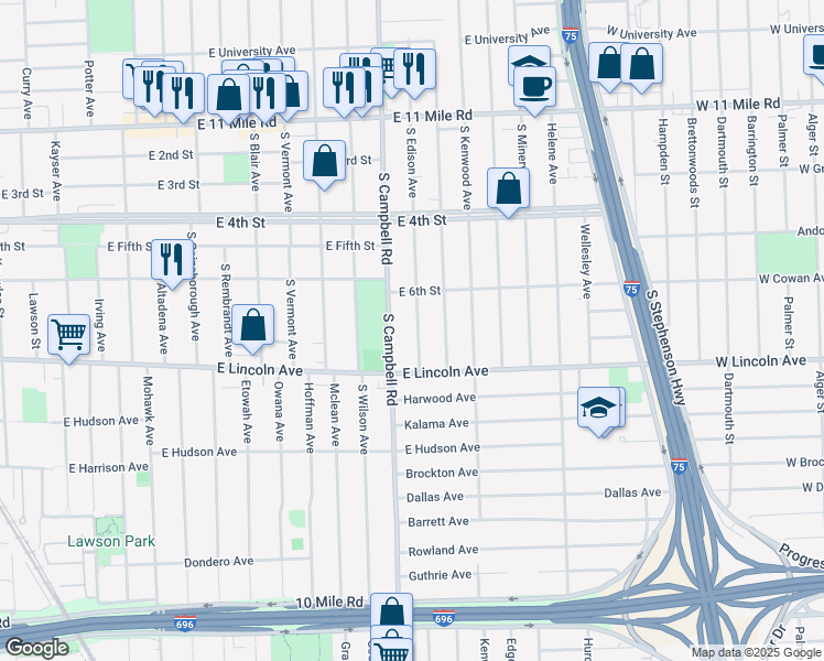 map of restaurants, bars, coffee shops, grocery stores, and more near 636 South Edison Avenue in Royal Oak