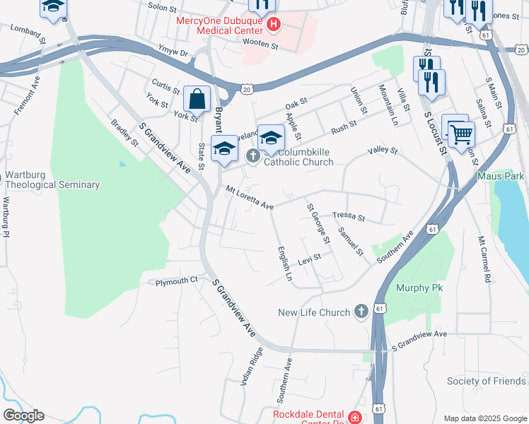 map of restaurants, bars, coffee shops, grocery stores, and more near 1204 Mount Loretta Avenue in Dubuque