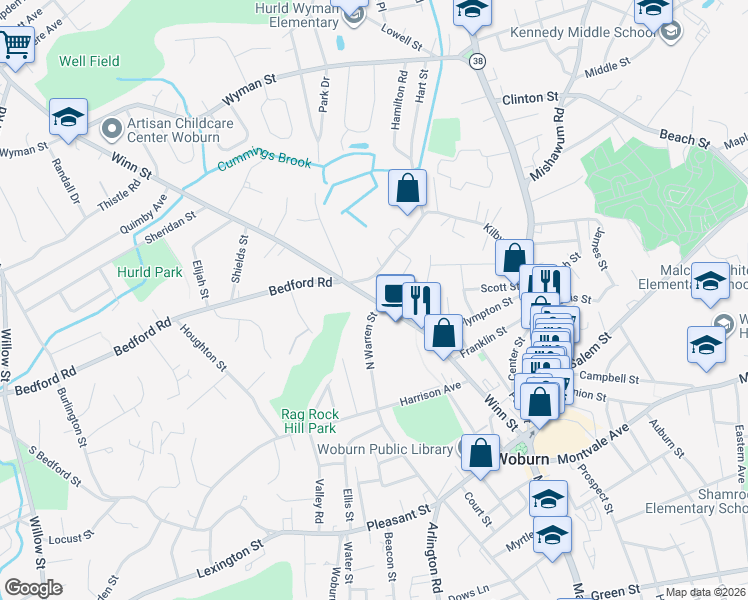 map of restaurants, bars, coffee shops, grocery stores, and more near Winn Street in Woburn