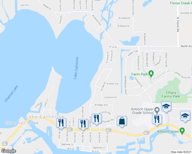 map of restaurants, bars, coffee shops, grocery stores, and more near 42690 North Addison in Antioch