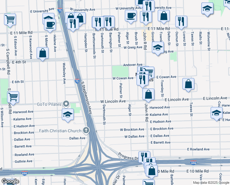 map of restaurants, bars, coffee shops, grocery stores, and more near 26075 Palmer Street in Madison Heights