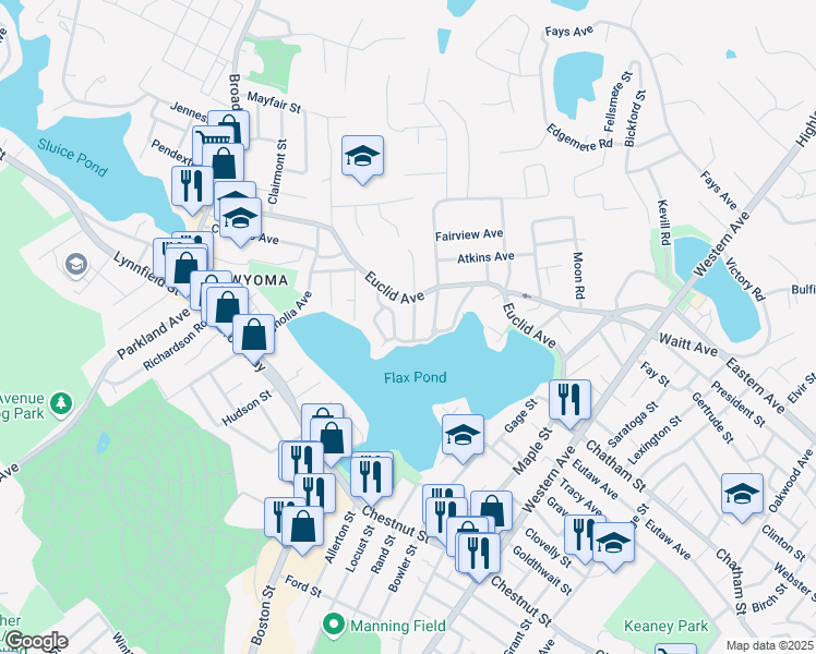 map of restaurants, bars, coffee shops, grocery stores, and more near 15 Sylvia Street in Lynn