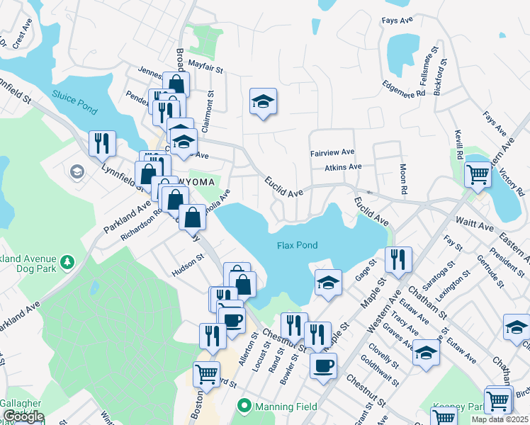 map of restaurants, bars, coffee shops, grocery stores, and more near 29 Lake View Place in Lynn