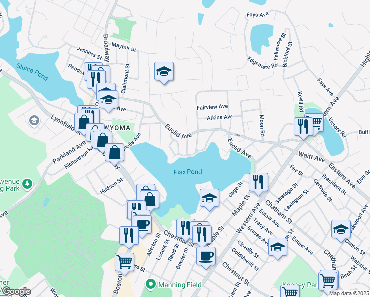 map of restaurants, bars, coffee shops, grocery stores, and more near 15 Sylvia Street in Lynn